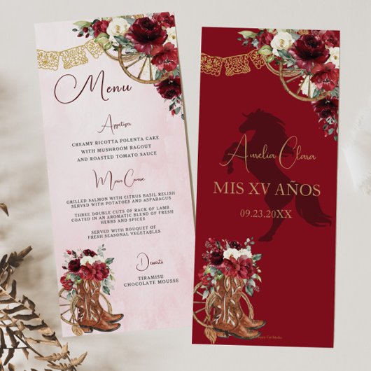 Rode Bourgogne Bloemen Charro Quinceañera XV Menu