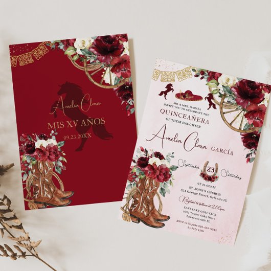 Rode Bourgogne Bloemen Charro Westerne Quinceanera Kaart