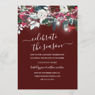 Rode Bourgogne Bloemen Lichten Kerstmis Kaart