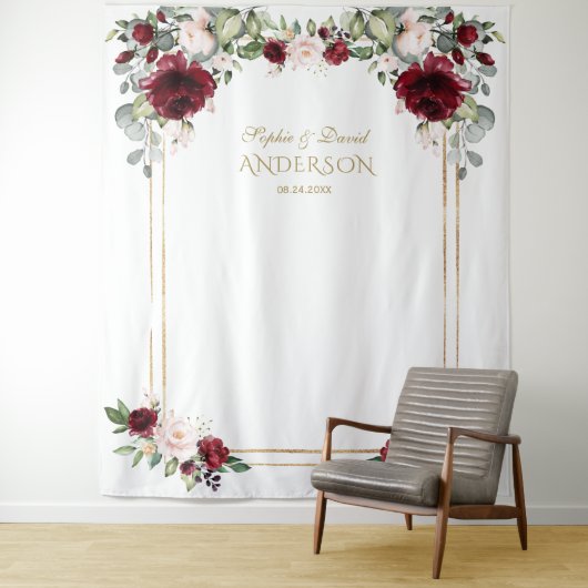 Rode Bourgogne Bloemige Trouwfoto Prop Wandkleed (In situ)