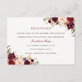 Rode Bourgogne Bloemrijke Herfst Bruiloftsreceptie Informatiekaartje