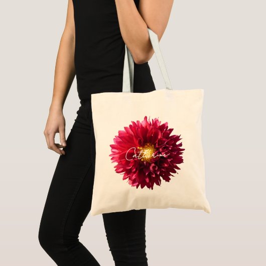 Rode Bourgogne Dahlia Bloem Foto Script Naam Tote Bag (Voorkant (product))