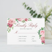 Rode Bourgogne en Blush roze rozen maaltijdopties RSVP Kaartje (Staand voorkant)