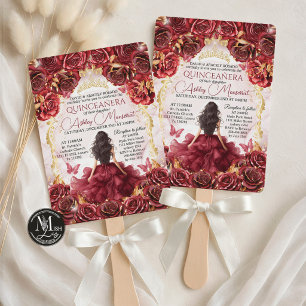 Rode Bourgogne en Gouden Bloemrozen Quinceañera Kaart
