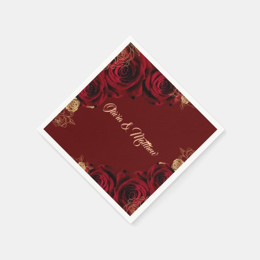 Rode Bourgogne en gouden Rozen Bloemenbruiloft Servet (Hoek)