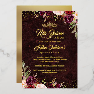 Rode Bourgogne Gouden Bloemige Quinceanera  Folie Uitnodiging