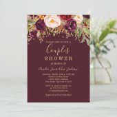 Rode Bourgogne Gouden Glitter Bloemen Paren Douche Kaart (Staand voorkant)