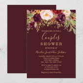 Rode Bourgogne Gouden Glitter Bloemen Paren Douche Kaart (Voorkant / Achterkant)