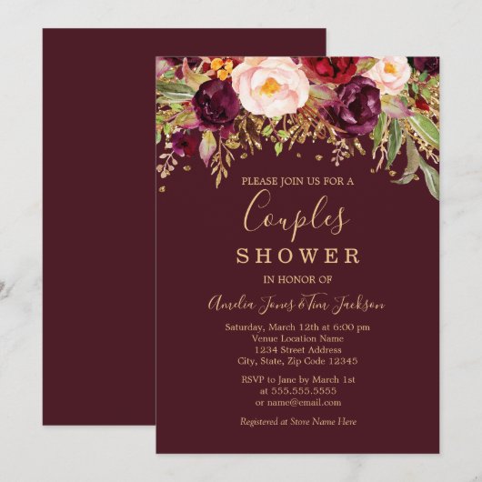 Rode Bourgogne Gouden Glitter Bloemen Paren Douche Kaart (Voorkant / Achterkant)