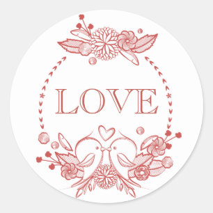 Rode Bourgogne LiefdesVogels Bloemige Liefde Ronde Sticker