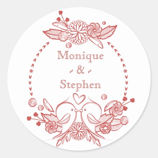 Rode Bourgogne LoveBirds Floral Gepersonaliseerde  Ronde Sticker (Voorkant)