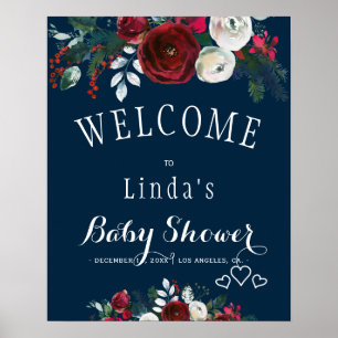 Rode Bourgogne Navy Rustiek Winter Bloemen Baby sh Poster