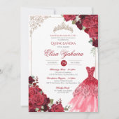 Rode Bourgogne Roos Elegante Sparkle Quinceanera Kaart (Voorkant)