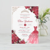 Rode Bourgogne Roos Elegante Sparkle Quinceanera Kaart (Staand voorkant)