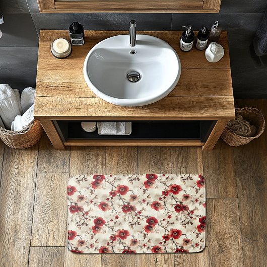 Rode Bourgogne Roze Bloem Knoppen Patroon Badmat