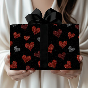 Rode Bourgogne Zilveren Glitter Harten op Zwart Cadeaupapier