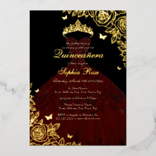 Rode Bourgogne Zwarte Gouden Roze Jurk Quinceanera Folie Uitnodiging