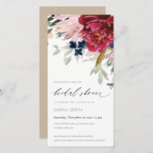 Rode Bourgondië Blush Bloem Bruiloft Uitnodiging (Voorkant / Achterkant)