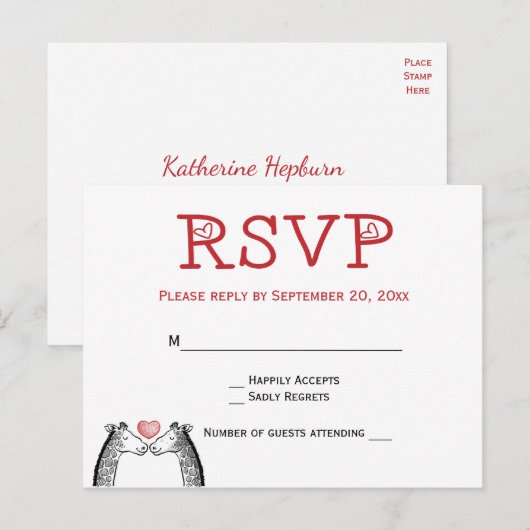 Rode Bourgondië RSVP Giraffe Huwelijksliefde Uitnodiging Briefkaart (Voorkant / Achterkant)
