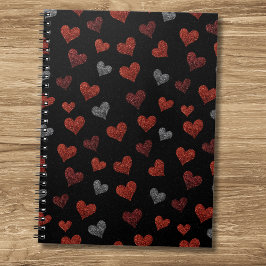 Rode Bourgondië Zilveren Glitter Harten op Zwart Notitieboek