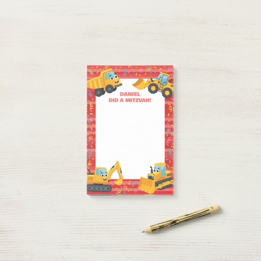 Rode Bouwtrucks Persoonlijke Mitzvah Post-it® Notes (Op bureau)