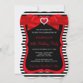 Rode Bow Black White Stripe Birthday Party Kaart (Voorkant)