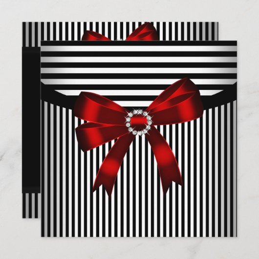 Rode Bow Black White Stripe Birthday Party Kaart (Voorkant / Achterkant)