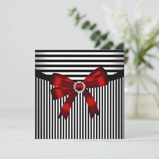 Rode Bow Black White Stripe Birthday Party Kaart (Staand voorkant)