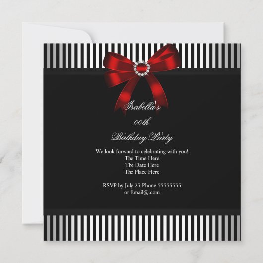 Rode Bow Black White Stripe Birthday Party Kaart (Achterkant)