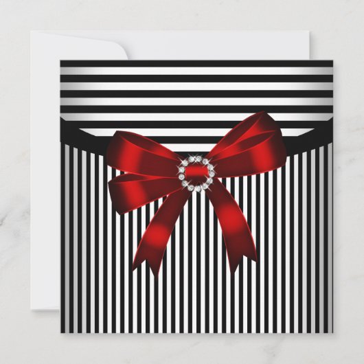 Rode Bow Black White Stripe Birthday Party Kaart (Voorkant)