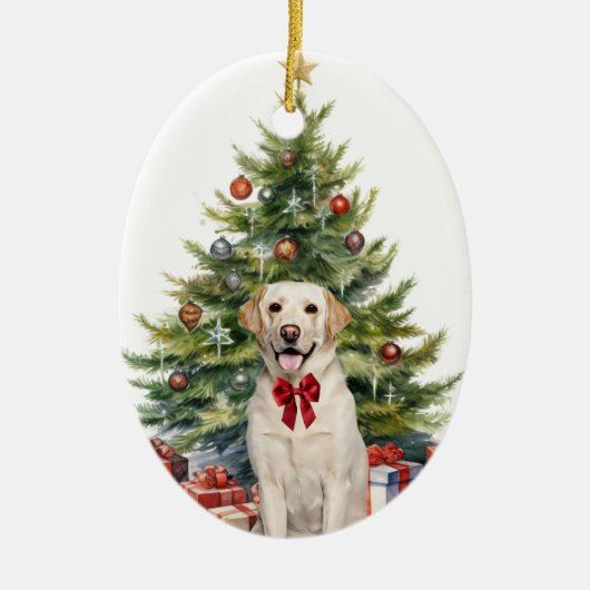 Rode Bow Gele Labrador Retriever Kerstmis Keramisch Ornament (Voorkant)