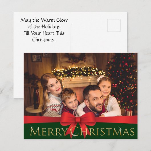 Rode Bow Golden Mousserende kerstfoto Feestdagenkaart (Voorkant / Achterkant)