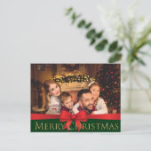 Rode Bow Golden Mousserende kerstfoto Feestdagenkaart (Staand voorkant)