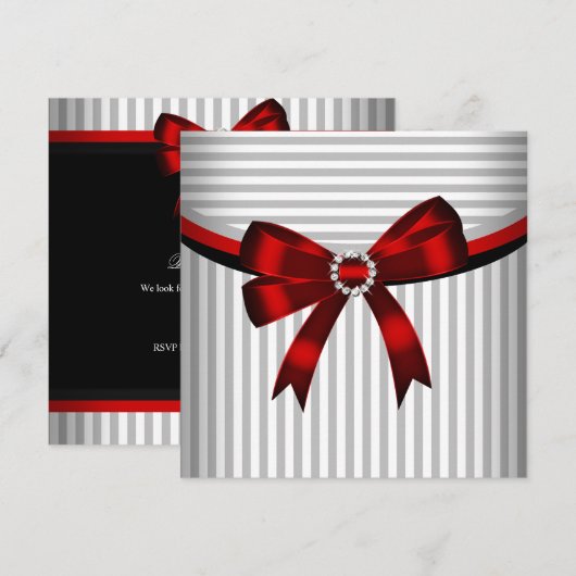 Rode Bow Grey Black White Stripe Birthday Party Kaart (Voorkant / Achterkant)