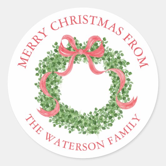 Rode Bow Kerstmis Boxwood Krans Gift Ronde Sticker (Voorkant)