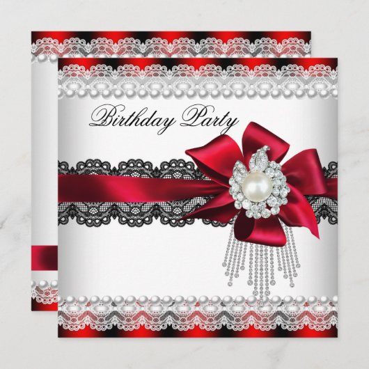 Rode Bow Pearl Pearl Birthday Partij 2 Kaart (Voorkant / Achterkant)