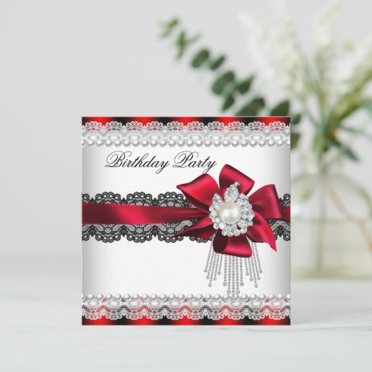Rode Bow Pearl Pearl Birthday Partij 2 Kaart (Staand voorkant)