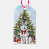 Rode Bow Siberische Husky Hond Kerstboom Cadeaulabel (Voorkant)