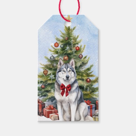 Rode Bow Siberische Husky Hond Kerstboom Cadeaulabel (Voorkant)