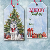 Rode Bow Siberische Husky Hond Kerstboom Cadeaulabel