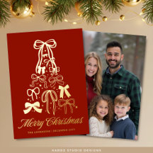 Rode Bow Tree Kerstfoto Gouden Folie Kaart
