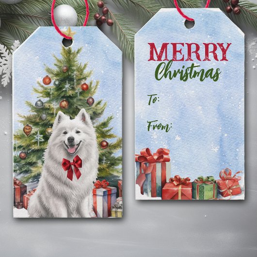 Rode Bow Witte Samoyed Hond Kerstboom Cadeaulabel
