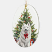 Rode Bow Witte Samoyed Hond Kerstmis Keramisch Ornament (Links)