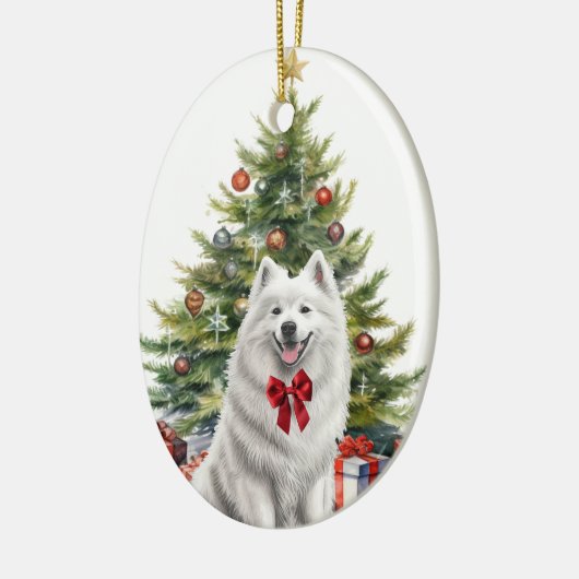 Rode Bow Witte Samoyed Hond Kerstmis Keramisch Ornament (Links)