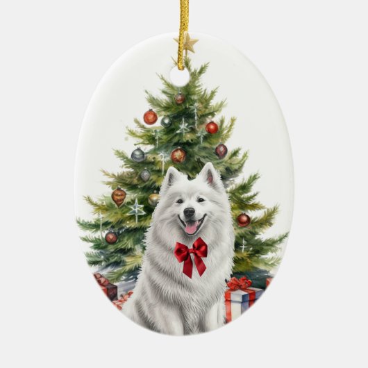Rode Bow Witte Samoyed Hond Kerstmis Keramisch Ornament (Voorkant)