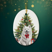 Rode Bow Witte Samoyed Hond Kerstmis Keramisch Ornament