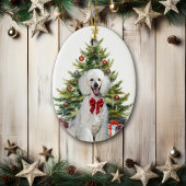 Rode Bow Witte Standaard Poedel Hond Kerstmis Keramisch Ornament