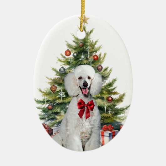 Rode Bow Witte Standaard Poedel Hond Kerstmis Keramisch Ornament (Voorkant)