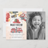 Rode Brandmotor Vrachtwagen Verjaardagsfeestje Kaart (Voorkant)