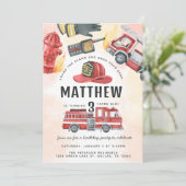 Rode Brandmotor Vrachtwagen Verjaardagsfeestje Kaart (Staand voorkant)